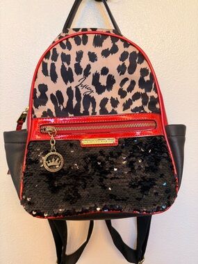JUICY COUTURE Red Leopard Print & Black Sequin Mini Backpack
